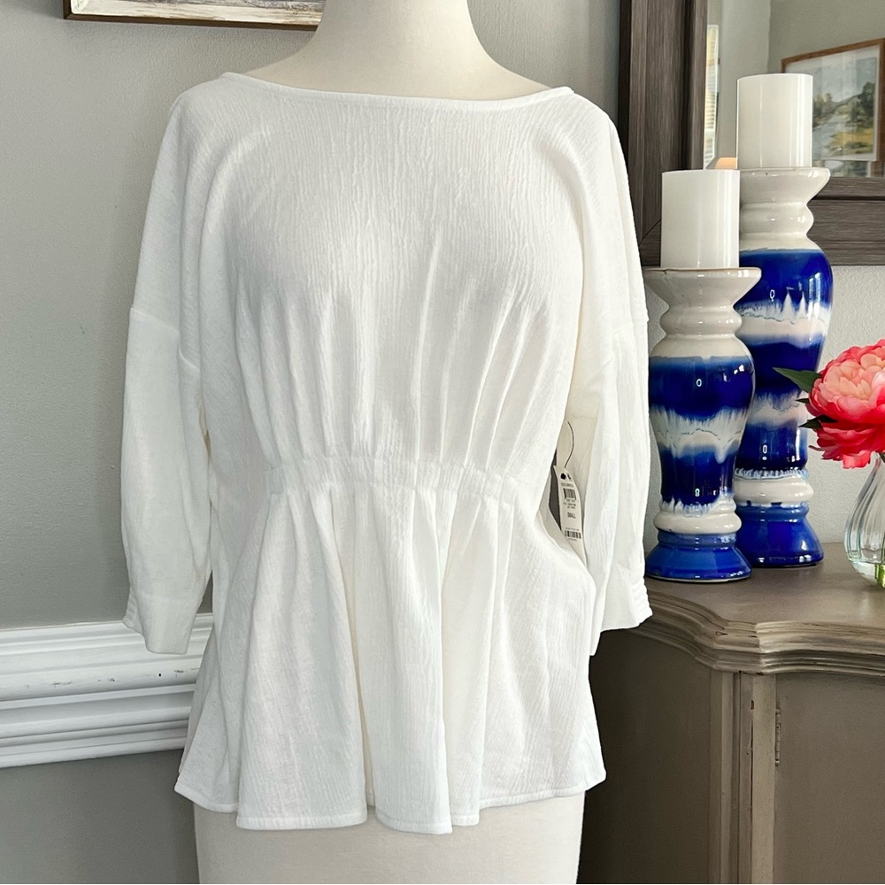 NWT Alfani White Top 3/4 Length Sleeve Cinched Elastic Waist Size Small 098